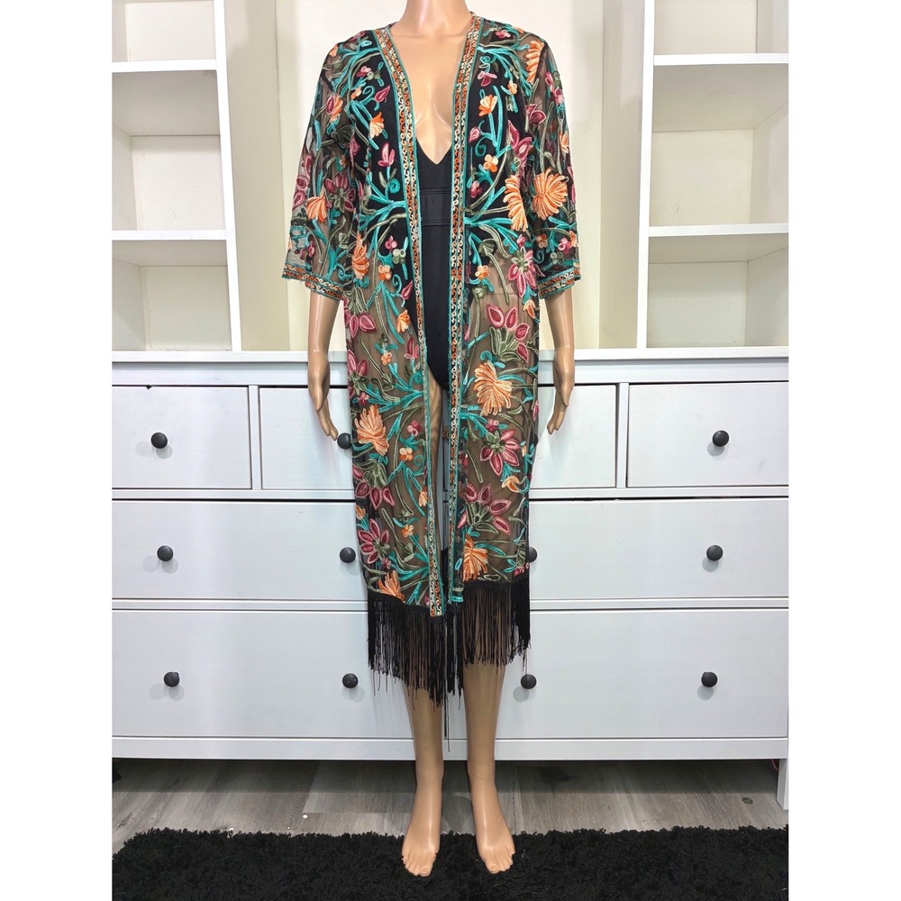 Rebellion Again Womens Small Sheer Mesh Floral Embroidered Fringe Kimono Duster